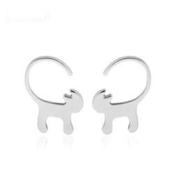 Silver Curly Tailed Cat Stud Earrings
