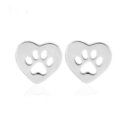 Silver Paw in Heart Stud Earrings