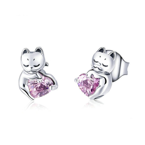 Cat & Pink Heart Earrings in Sterling Silver