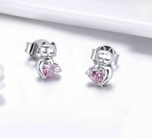 Load image into Gallery viewer, Cat &amp; Pink Heart Earrings in Sterling Silver
