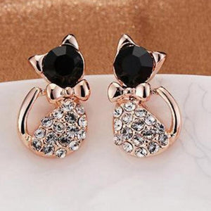 Gold rhinestone Cat Bow Stud Earrings with black stone face