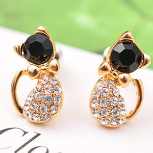Gold rhinestone Cat Bow Stud Earrings with black stone face