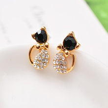 Load image into Gallery viewer, Gold rhinestone Cat Bow Stud Earrings with black stone face
