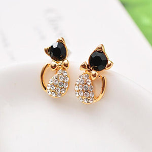 Gold rhinestone Cat Bow Stud Earrings with black stone face