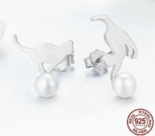 Load image into Gallery viewer, Sterling Silver Playful Cat Earrings with Pearl
