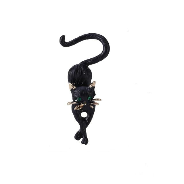 Slinky Black Cat Brooch with green eyes