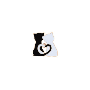 White and Black Couple Cat Brooch with Love Heart