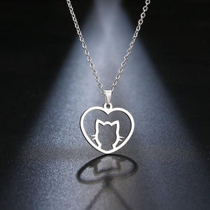 Silver Cat Face Heart Necklace