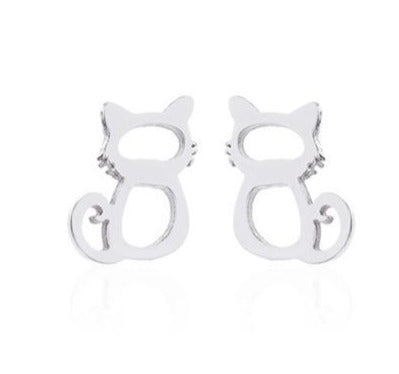 Silver Seated Cat with Whisker Stud Earrings