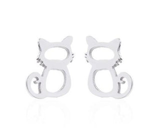 Silver Seated Cat with Whisker Stud Earrings