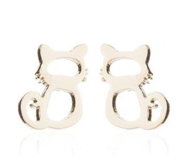 Gold Seated Cat with Whisker Stud Earrings