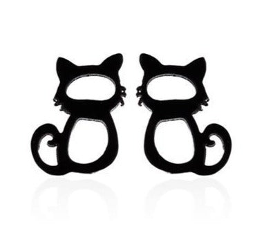 Black Seated Cat with Whisker Stud Earrings