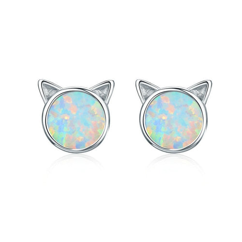 Sterling Silver and Opal Cat Ear Stud Earrings