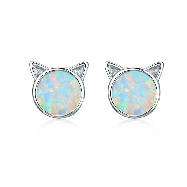 Sterling Silver and Opal Cat Ear Stud Earrings