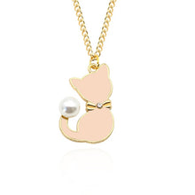 Load image into Gallery viewer, Cat Pearl Necklace Pink with small diamonte

