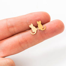 Load image into Gallery viewer, Gold Kitten Stud Earrings with Curly Tail
