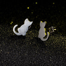 Load image into Gallery viewer, Silver Kitten Stud Earrings with Curly Tail
