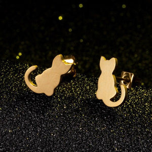 Gold Kitten Stud Earrings with Curly Tail