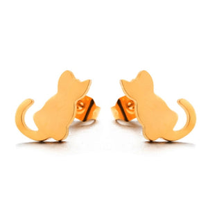 Gold Kitten Stud Earrings with Curly Tail