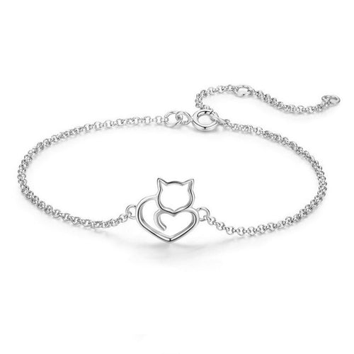 Sterling Silver Cat & Heart Bracelet