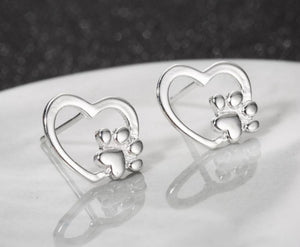Silver Open Heart and Paw Stud Earrings