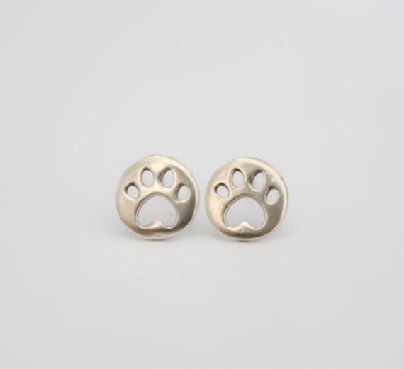Silver Round Paw Stud Earrings