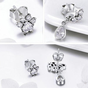 Sterling Silver 925 & Cubic Zirconia Cat and Paw Earrings