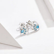 Load image into Gallery viewer, Sterling Silver Blue Crystal Paw Heart Earrings
