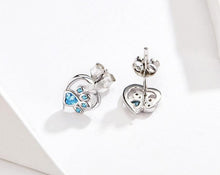 Load image into Gallery viewer, Sterling Silver Blue Crystal Paw Heart Earrings
