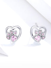 Load image into Gallery viewer, Sterling Silver Pink Crystal Paw Heart Earrings
