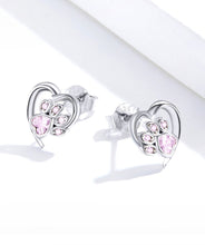 Load image into Gallery viewer, Sterling Silver Pink Crystal Paw Heart Earrings
