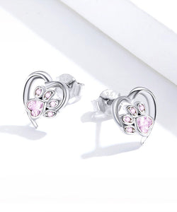 Sterling Silver Pink Crystal Paw Heart Earrings