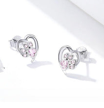 Load image into Gallery viewer, Sterling Silver Pink Crystal Paw Heart Earrings
