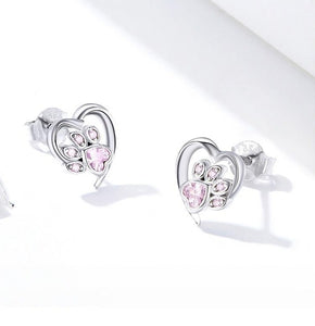 Sterling Silver Pink Crystal Paw Heart Earrings