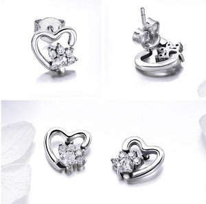 Sterling Silver White Crystal Paw Heart Earrings