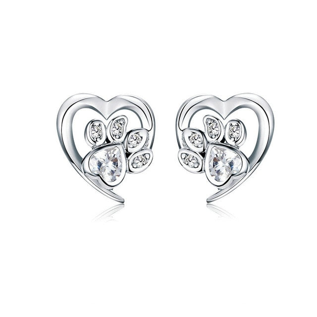 Sterling Silver White Crystal Paw Heart Earrings