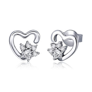 Sterling Silver White Crystal Paw Heart Earrings