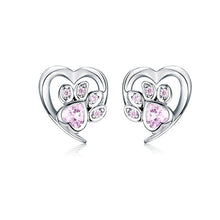 Load image into Gallery viewer, Sterling Silver Pink Crystal Paw Heart Earrings

