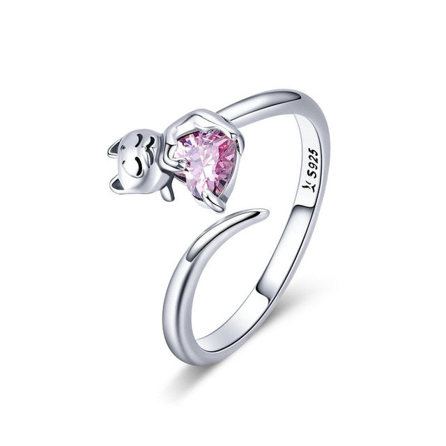 Sterling Silver 925 Cat & Heart Ring with Pink Cubic Zirconia