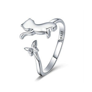 Jumping Cat with Butterfly in Sterling Silver 925