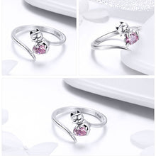 Load image into Gallery viewer, Sterling Silver 925 Cat &amp; Heart Ring with Pink Cubic Zirconia
