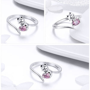 Sterling Silver 925 Cat & Heart Ring with Pink Cubic Zirconia