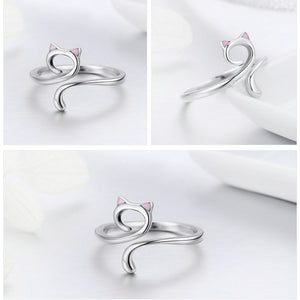 Sterling Silver 925 Adjustable Ring with Pink Ears