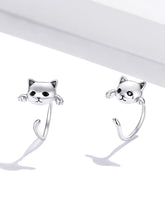 Load image into Gallery viewer, Sterling Silver 925 Cute Tail Cat Earrings with black cubic zirconia eyes

