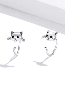 Sterling Silver 925 Cute Tail Cat Earrings with black cubic zirconia eyes