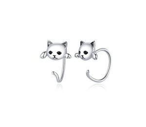 Sterling Silver 925 Cute Tail Cat Earrings with black cubic zirconia eyes