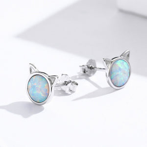 Sterling Silver and Opal Cat Ear Stud Earrings