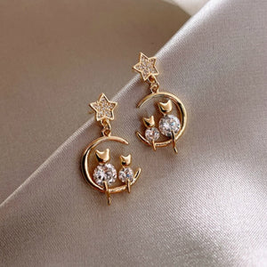 Cat Moon Rhinestone earrings with Star