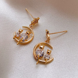 Cat Moon Rhinestone earrings with Star