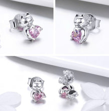 Load image into Gallery viewer, Cat &amp; Pink Heart Earrings in Sterling Silver
